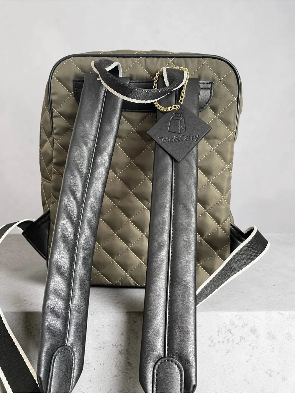 Tote&Carry Quilted Diamond Stitch Backpack Olive Green Metallic NWOT